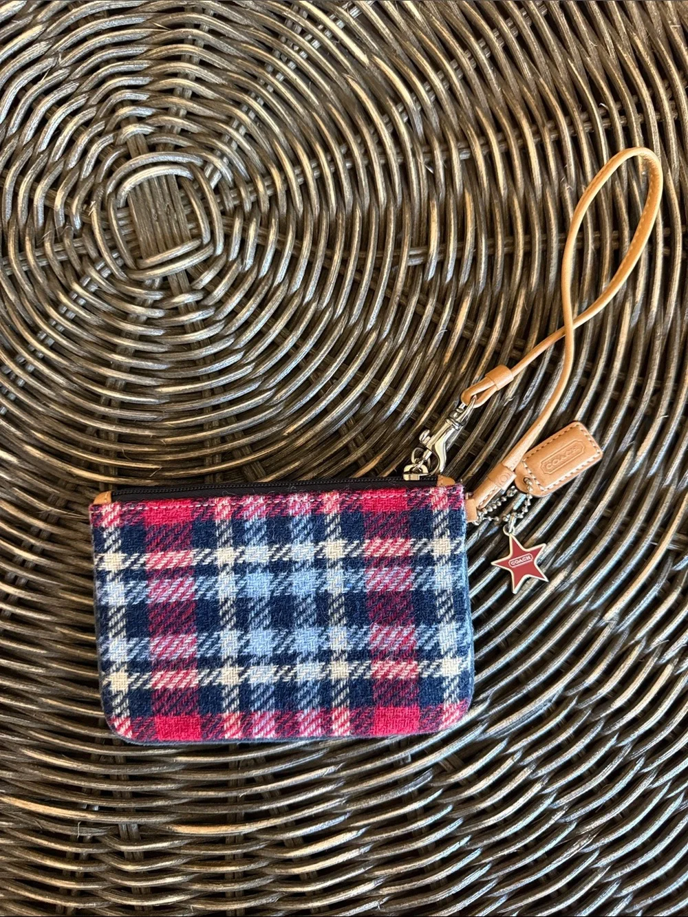 Vintage Y2K Coach Plaid Wristlet in Navy, Red, White with Tan Leather Strap